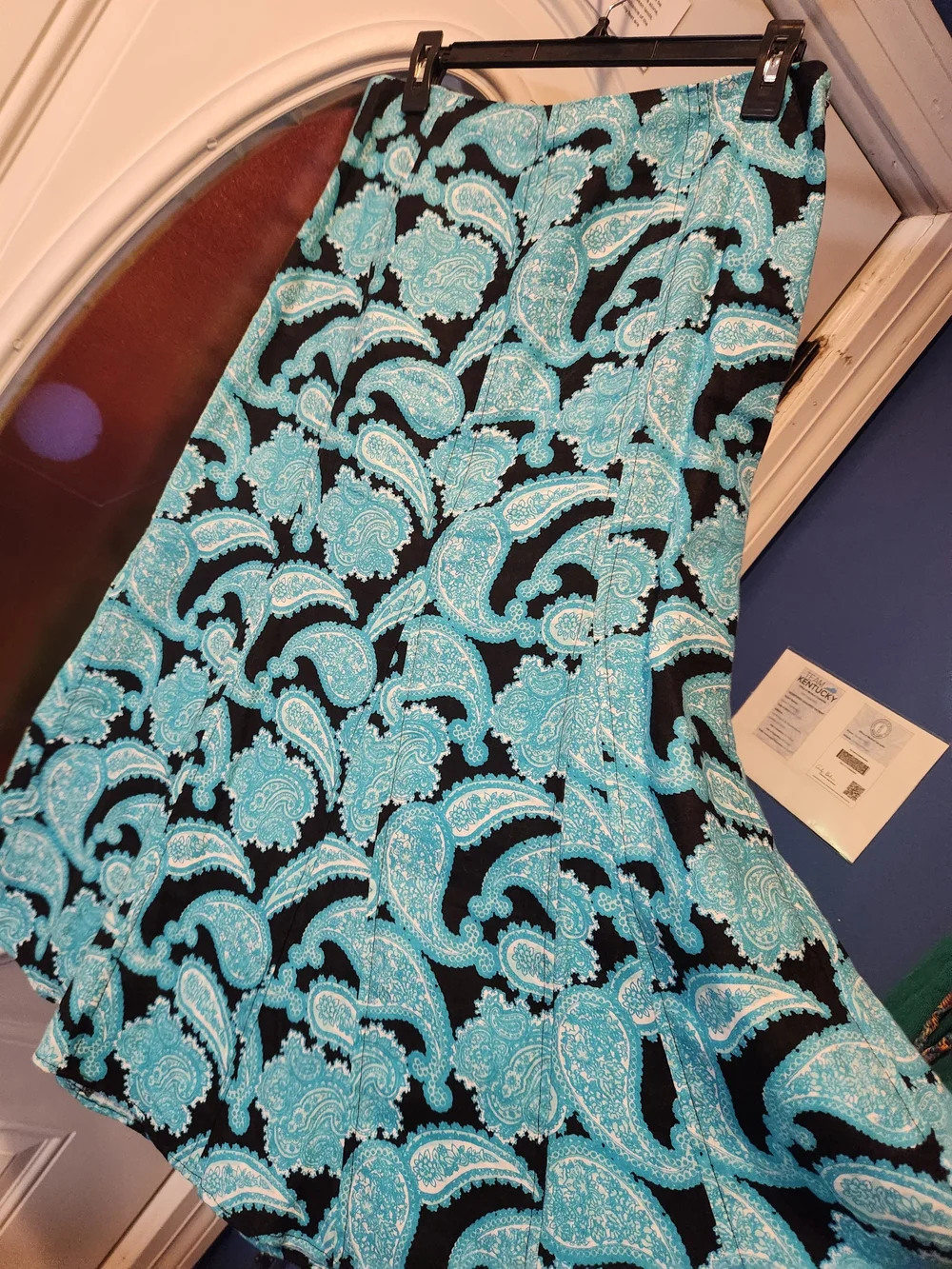 Kim Rogers Black and Turquoise Paisley Boho A-Line Flaring Skirt Womens Size 8